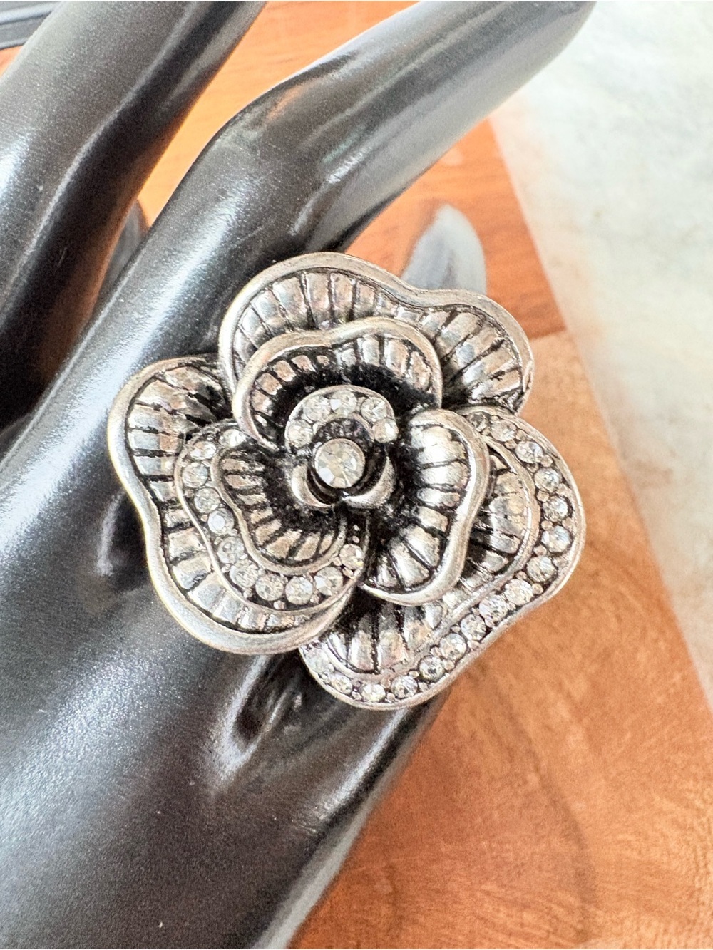 Silver Tone Crystal Flower Statement Ring - Size 9 with Stretch Band